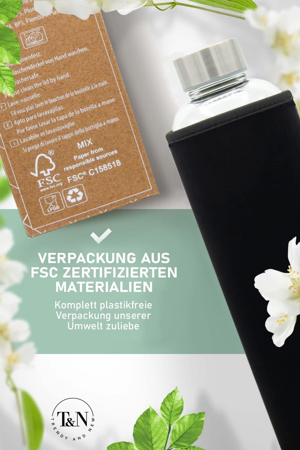 T&N Glasflasche 1 Liter / 750ml / 500ml – Trinkflasche Glas 1l mit Neoprenhülle – Wasserflasche Ausl