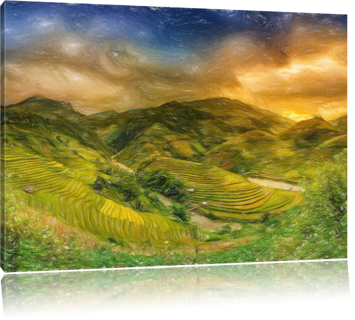 Pixxprint Berg Farm in Asien / 100x70cm Leinwandbild bespannt auf Holzrahmen/Wandbild Kunstdruck Dek