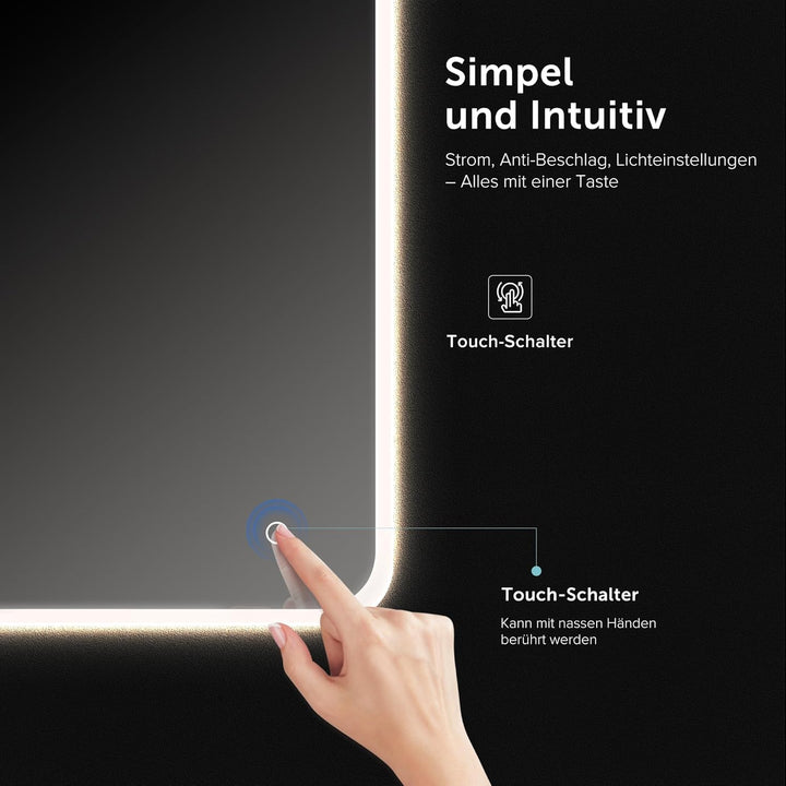 Mai & Mai Badspiegel mit LED Beleuchtung Wandspiegel 50x70cm Bad-Spiegel mit Touchschalter, Beschlag