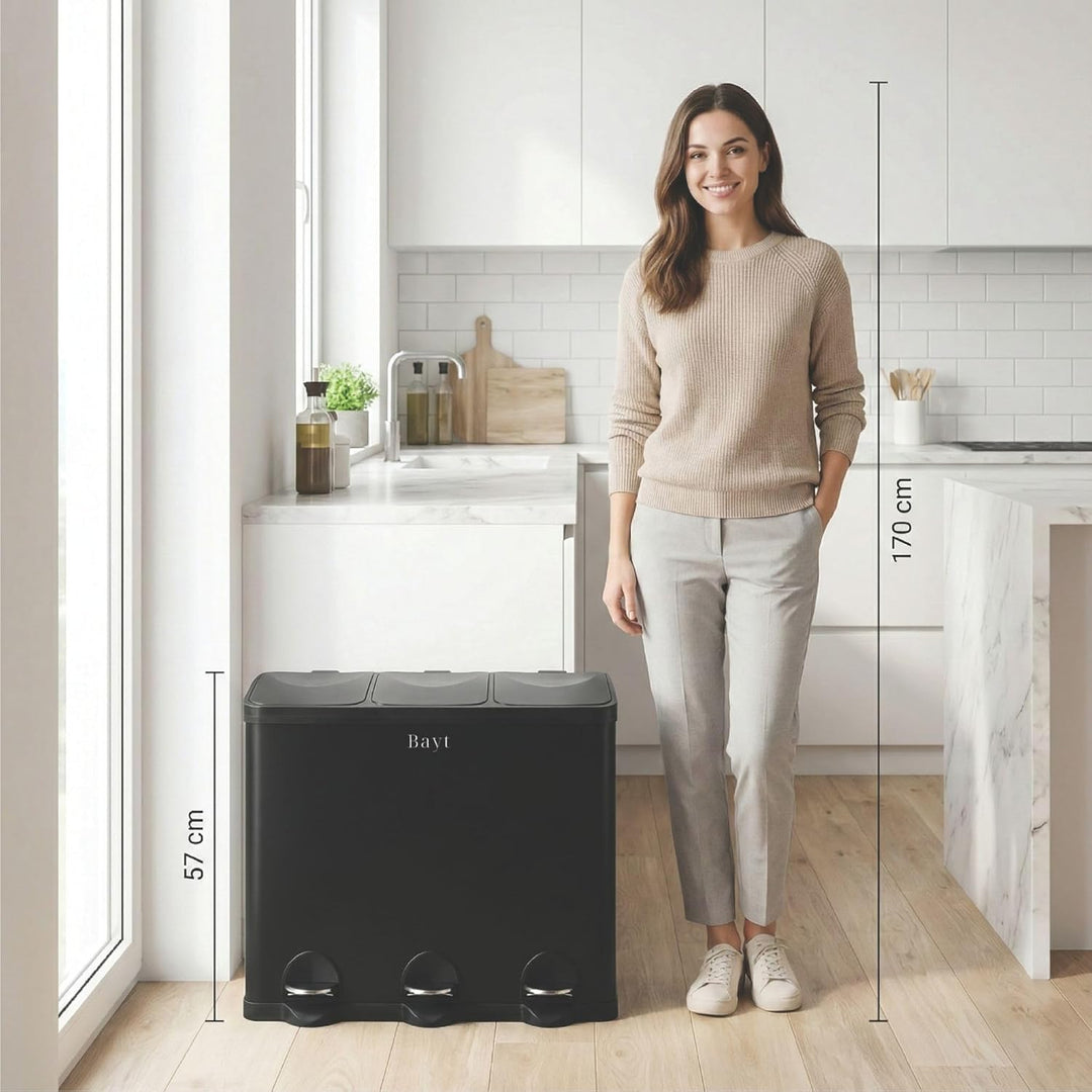 Bayt Mülleimer 60L (3x20L) – Mülltrennsystem 3 Fächer für die Küche – XXL Treteimer aus Edelstahl (R