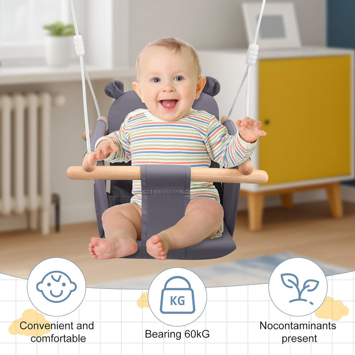 Babyschaukel, Kinderschaukel Babysitz Set Indoor aus Holz, Holzschaukel mit Grau Sitzkissen aus Baum
