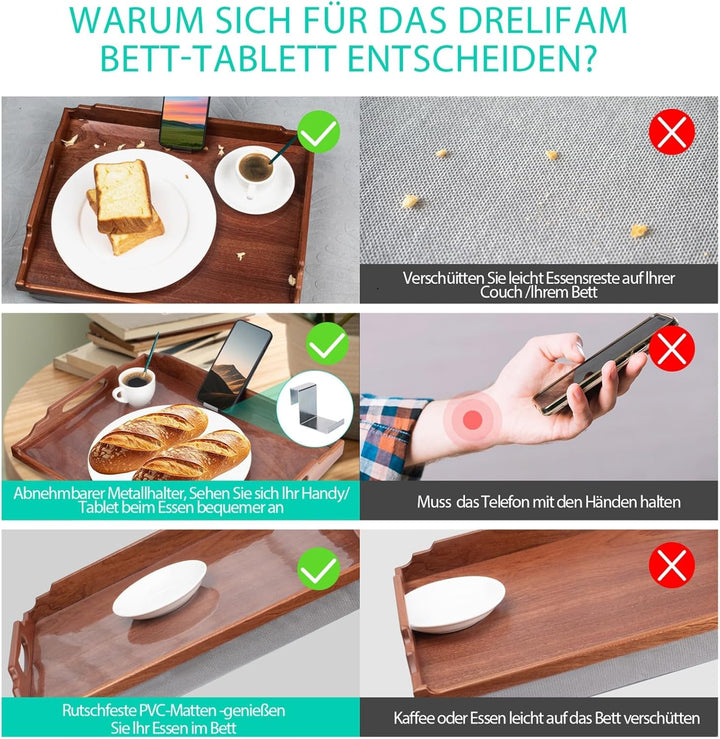 DRELIFAM Knietablett mit Kissen, Betttablett aus Holz zum Essen, Knietablett in Liege, Frühstückstab