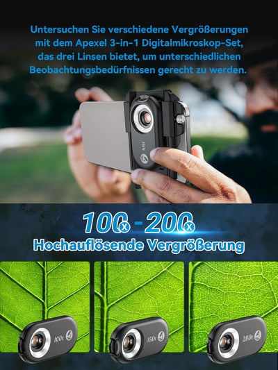 APEXEL 3in1 Mini-mikroskop für Smartphone-Kamera,Handy mikroskop für Smartphone,Explore Micworld wit