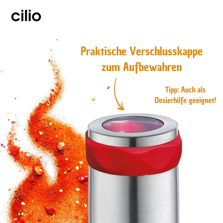 Cilio Chili Mühle PICCANTE | zum Selbstbefüllen | Ø 6,5cm, H: 14,5cm | mit Verschlusskappe | inkl. b