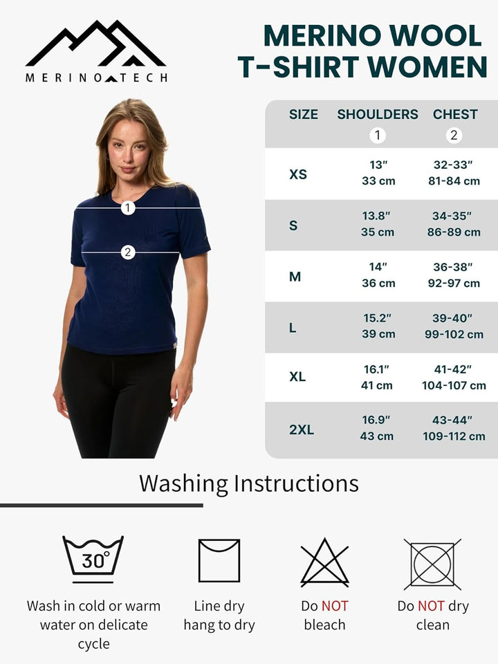 Merino.tech 100% Merino T Shirt Damen - Merinowolle Sport Wandern Thermoshirt Damen + Wandersocken B
