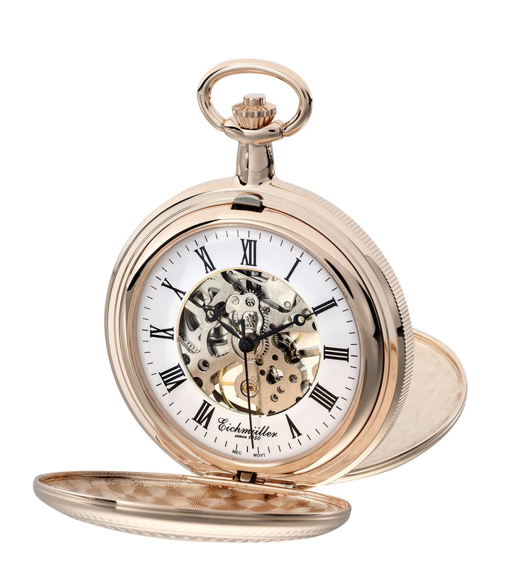 PUREgrey Taschenuhr Doppeldeckel Skelett mechanisch mit Kette und Etui Rosa