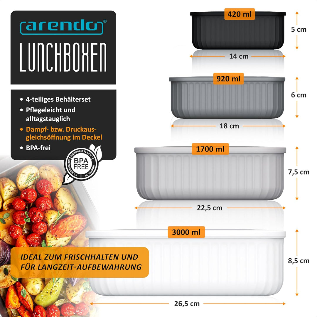 Arendo – Lunchbox - Vorratsdosen Set mit Deckel – 4 Dosen bis zu 4 Liter – Dampf-/Druckventil – inei