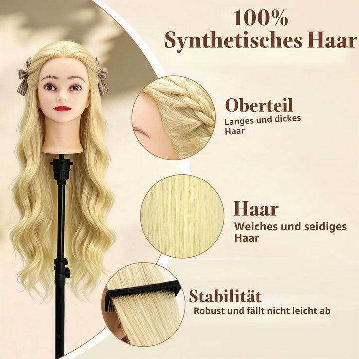 Yofuly 28-29Zoll / 71–74cm Frisierkopf mit Ohrlöchern, 100% Synthetikfaser-Haar Styling Kopf, Frisie