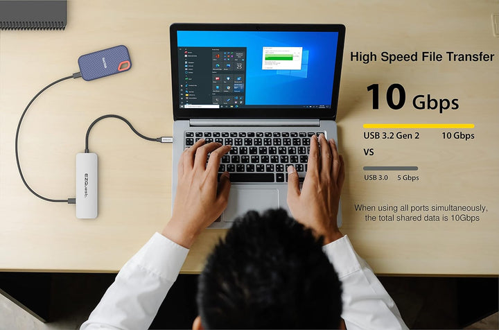 EZQuest USB-C Gen 2 Hub Adapter 7-Anschlüsse – 3X USB-C 10Gbs Gen 2, 3X USB 3.0 5Gbs Ports und 1x US