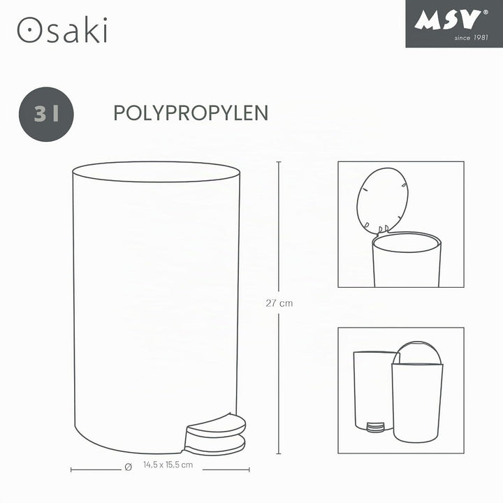 MSV Kosmetikeimer Osaki Mülleimer Treteimer Abfalleimer - 3 Liter – mit herausnehmbaren Inneneimer -