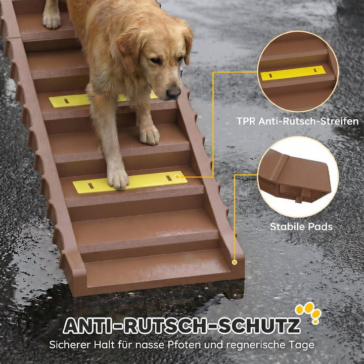 PawHut Hunderampe Klappbar rutschfest für Auto &amp; SUV 154x40cm Braun | Hundetreppe mit 10 Stufen Ruts