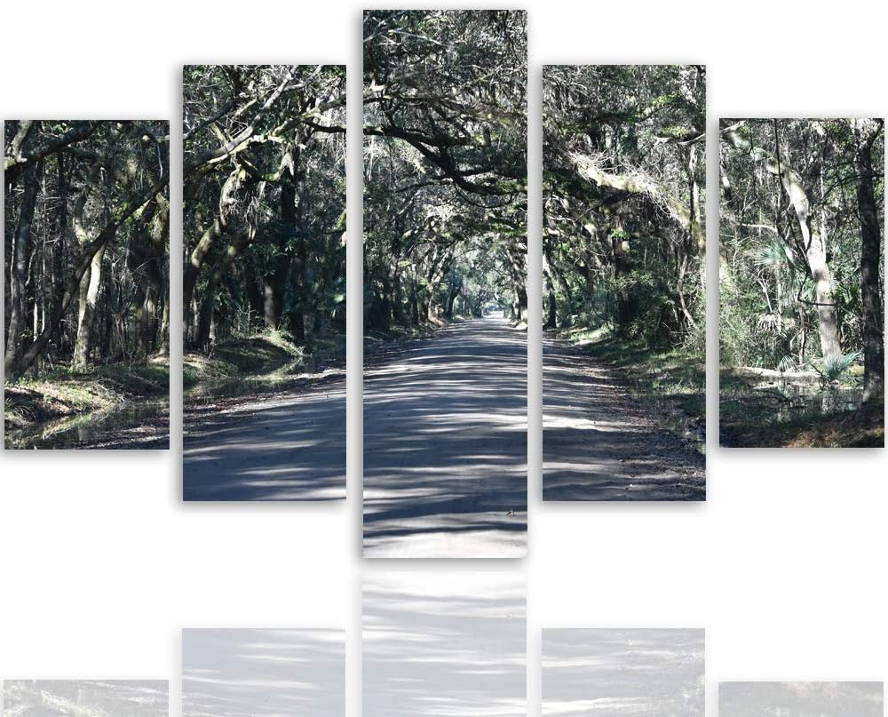 Feeby Leinwandbild 5 Teilig Landschaft Bild Wanddeko Weg Allee Wald Bäume grün 200x100 cm Leinwandbi