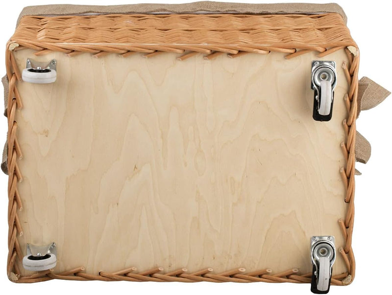 Vollweidener Kaminkorb, rechteckig, Rollkorb aus Weide, Rollkorb für Kaminholz, Rollkorb mit Jutebez
