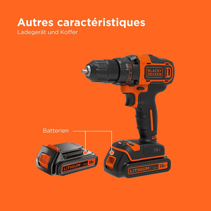 BLACK+DECKER 18V 2G Bohrschrauber, 2 Gänge, 11-Positions-Kupplung, 40Nm Drehmoment, 2x 1,5Ah Akkus,