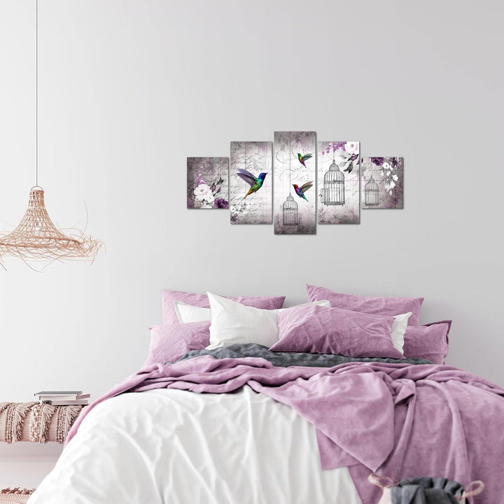 Runa Art Wandbilder Vogel Vintage 5 Teilig Bild auf Vlies Leinwand Deko Wohnzimmer Schlafzimmer Blum