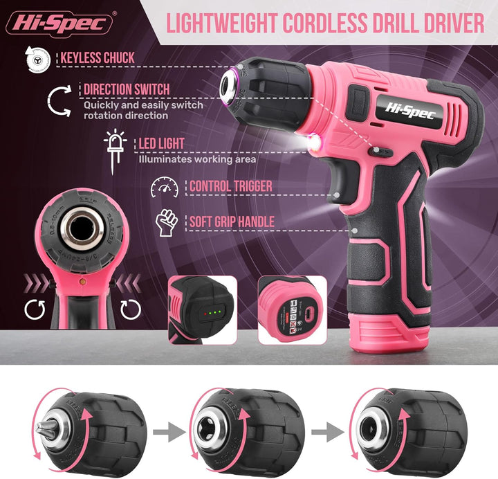Hi-Spec Pinker Werkzeugkoffer mit Akkuschrauber. 8V USB Akkubohrschrauber, Bit set und Komplettes We