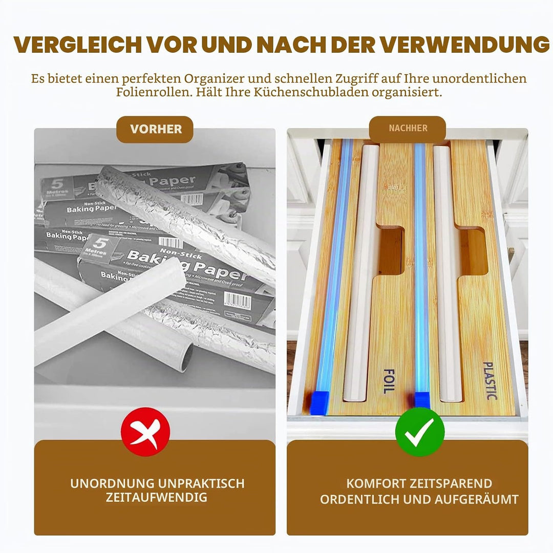 QINGLOU Folienschneider,2 in 1 Folienspender Mit Cutter, Bambus/Folienabroller,Frischhaltefolie, Wac