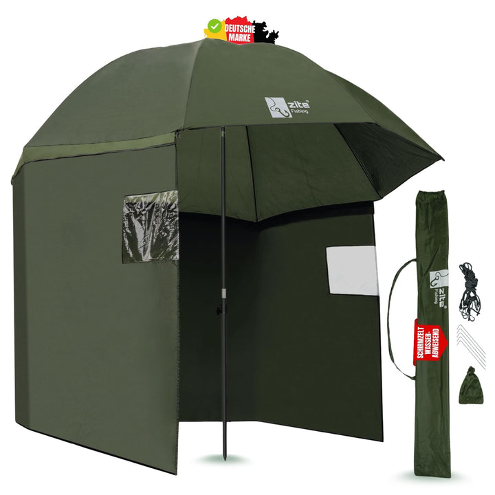 Zite Fishing Schirmzelt Wasserabweisend [Anglerzelt Halboffen & Geschlossen 250cm + Schirmstütze] Ka