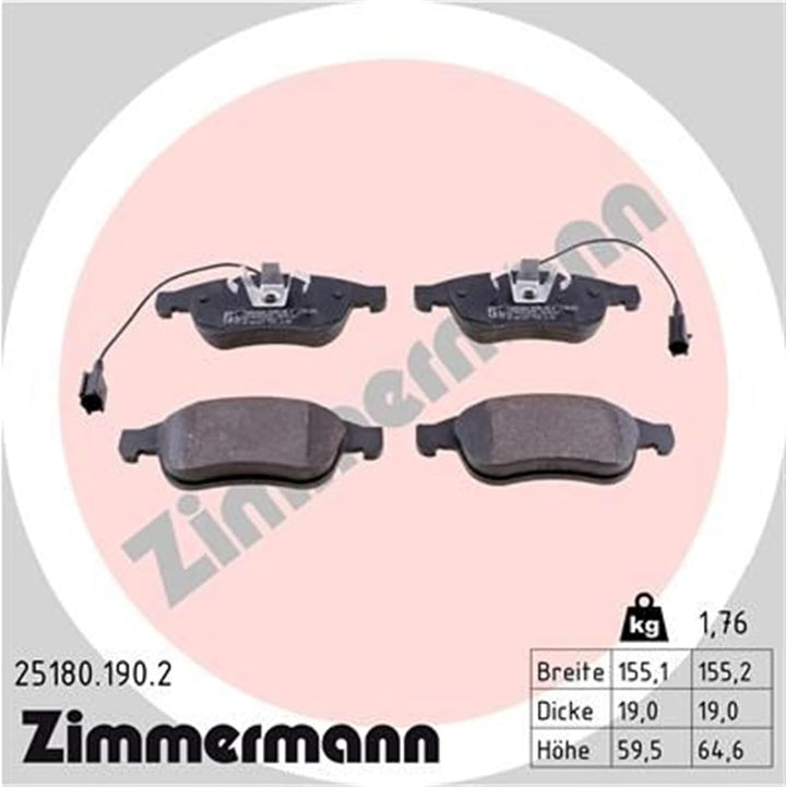 ZIMMERMANN 25180.190.2 Serie Bremsbeläge, vorne, 4 Federn, 2 Sensoren, inklusive Platte dämpfend, in