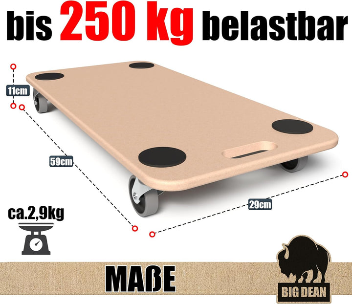 BigDean 2 Möbelroller Transportroller 250kg Rollbrett MDF Möbel Hund Roller | Schwerlastroller bis 2