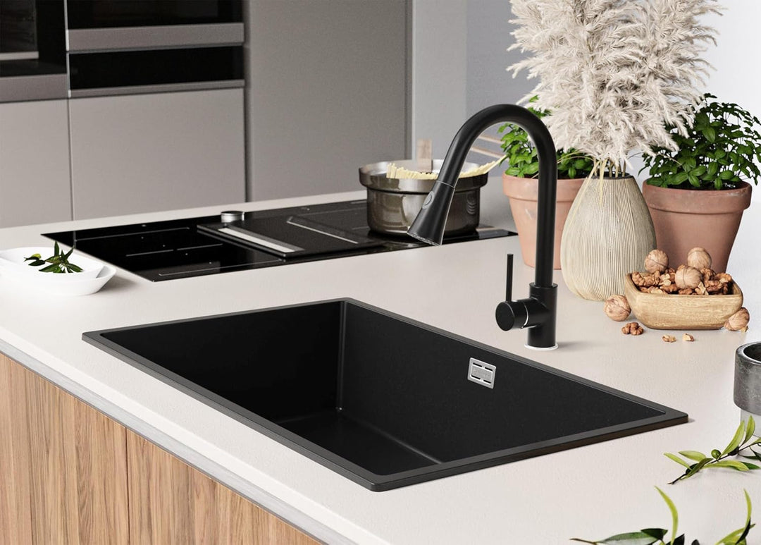 Spülbecken Schwarz 75.5 x 45 cm, Granitspüle + Siphon Klassisch + Küchenarmatur, Küchenspüle ab 80er