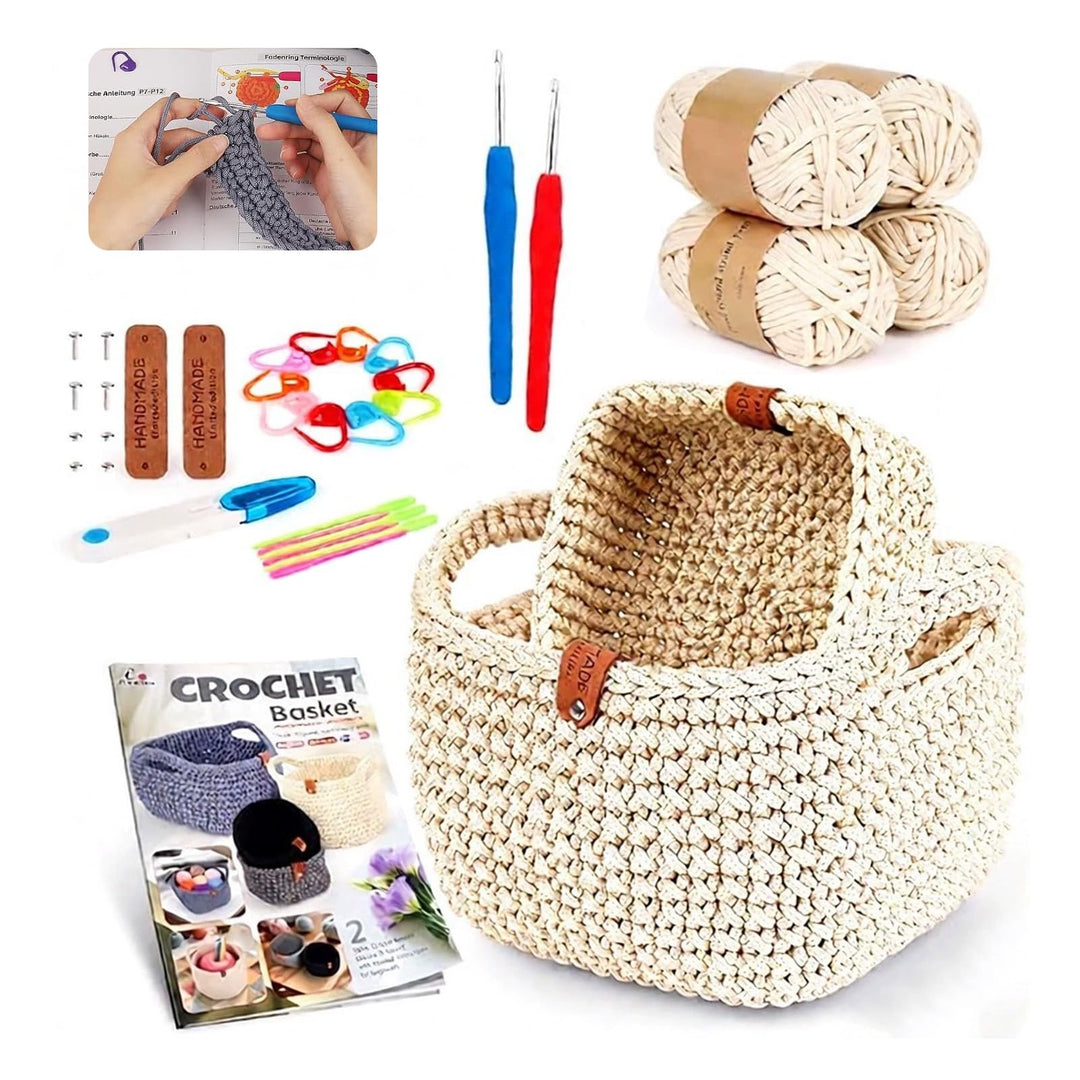 2PCS Square Häkelkorb Häkelset - 2 Häkelnadeln, 4 Häkelgarn Anleitung Beige | Crochet Set, Korb Häke
