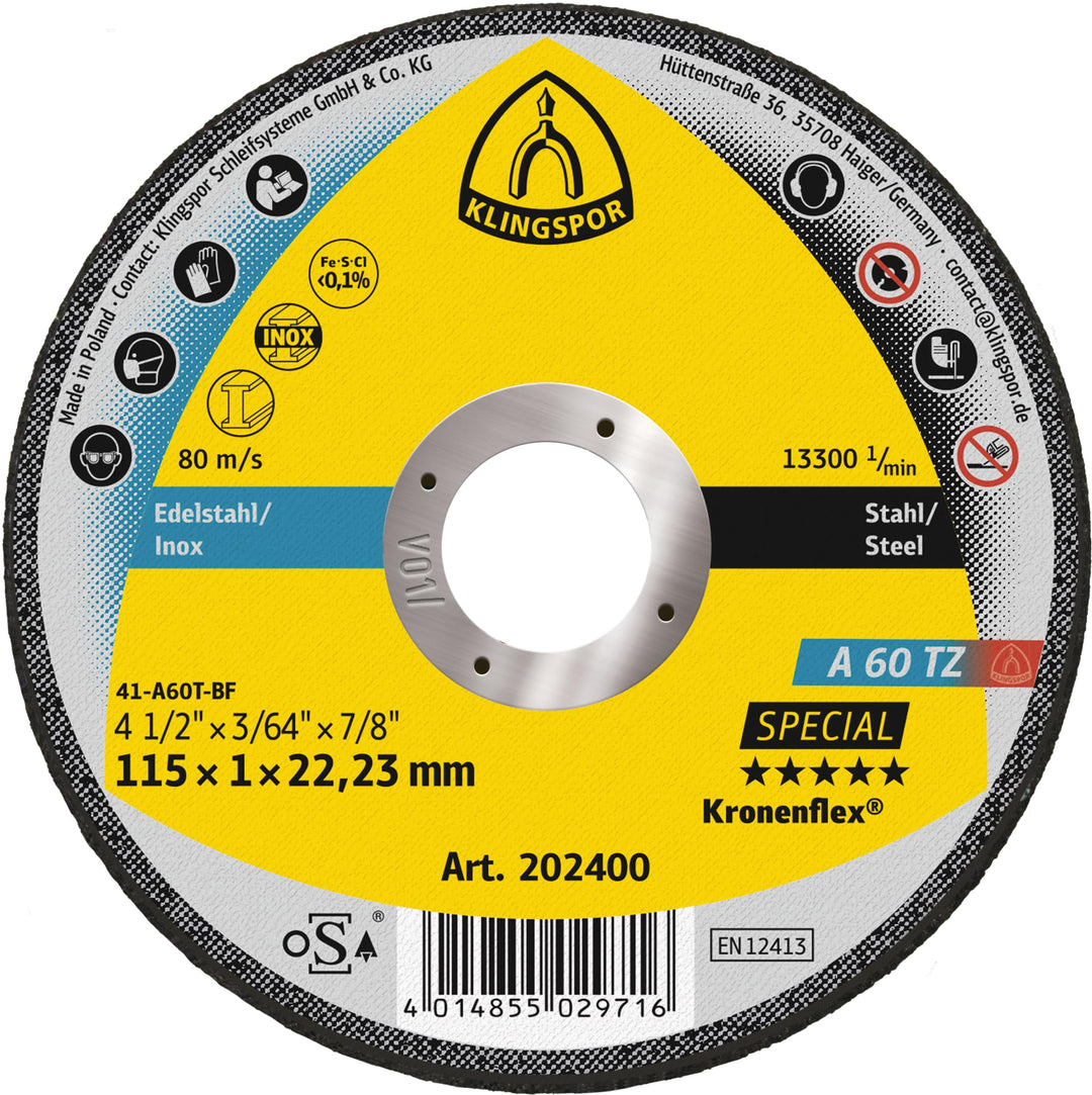 Klingspor 202400 A 60 TZ SPECIAL, Trennscheibe Spezial, Verpackungseinheit 25, 115X1X22,23, G, 25 11