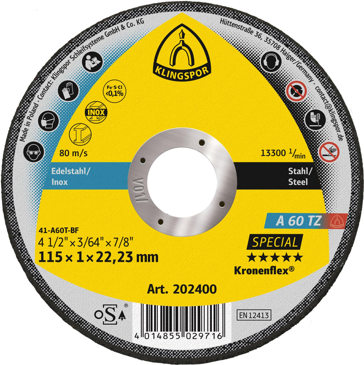 Klingspor 202400 A 60 TZ SPECIAL, Trennscheibe Spezial, Verpackungseinheit 25, 115X1X22,23, G, 25 11