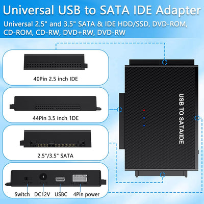 USB 3.1 Zu SATA Adapter und IDE Adapter, Universal USB Festplatten Konverter für 2,5 und 3,5 Zoll SA