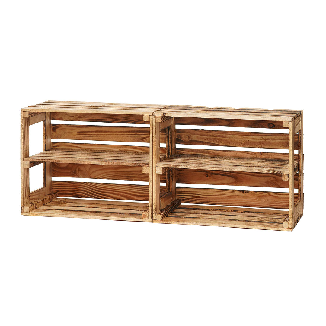 GrandBox Geflammte Holz-Kiste 50x40x30cm 2er Set, mit Mittelbrett, Wein-Kiste, Obst-Kiste, Kaminholz