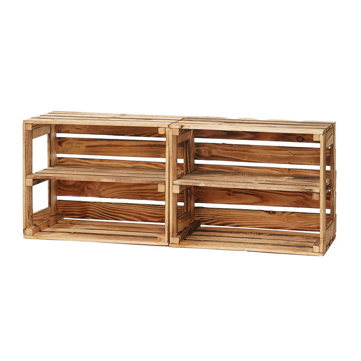 GrandBox Geflammte Holz-Kiste 50x40x30cm 2er Set, mit Mittelbrett, Wein-Kiste, Obst-Kiste, Kaminholz