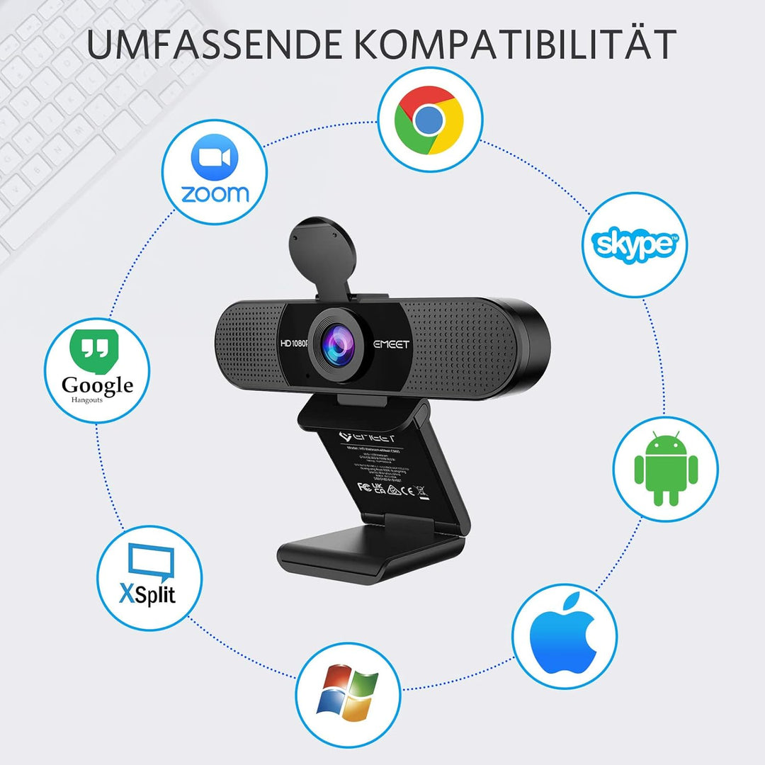 EMEET Full HD Webcam - C960 1080P Webcam mit Objektivabdeckung & Dual Mikrofon, 90 ° Streaming Kamer