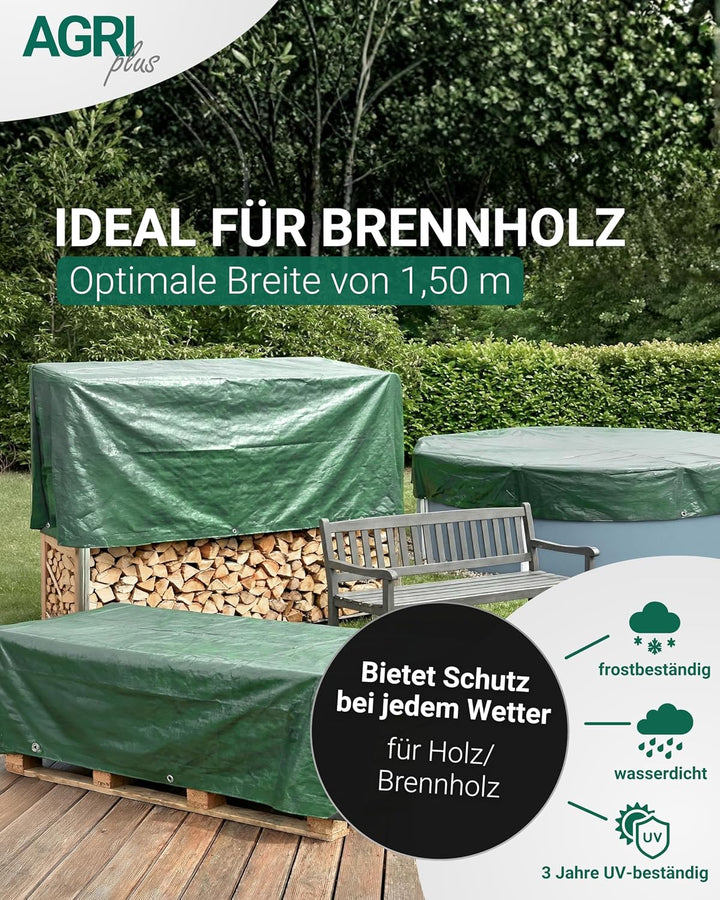 AGRI plus Holzabdeckplane 1,5 x 10 m - mit Ösen &amp; 50 Planenspanner I 210 g/m² PE-Gewebeplane mit rin