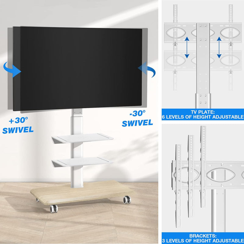 RFIVER Mobiler TV Ständer auf Rollen TV Bodenständer Rollbar mit 3 Ablagen für 26-65 Zoll Fernseher,