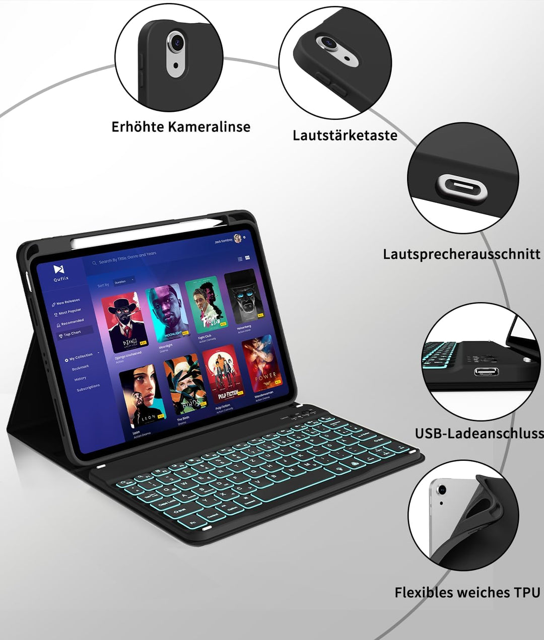Hülle mit Tastatur für iPad A16 11/10 Generation (2025/2022,Schwarz | 7-Farben Beleuchtung Magnetisc