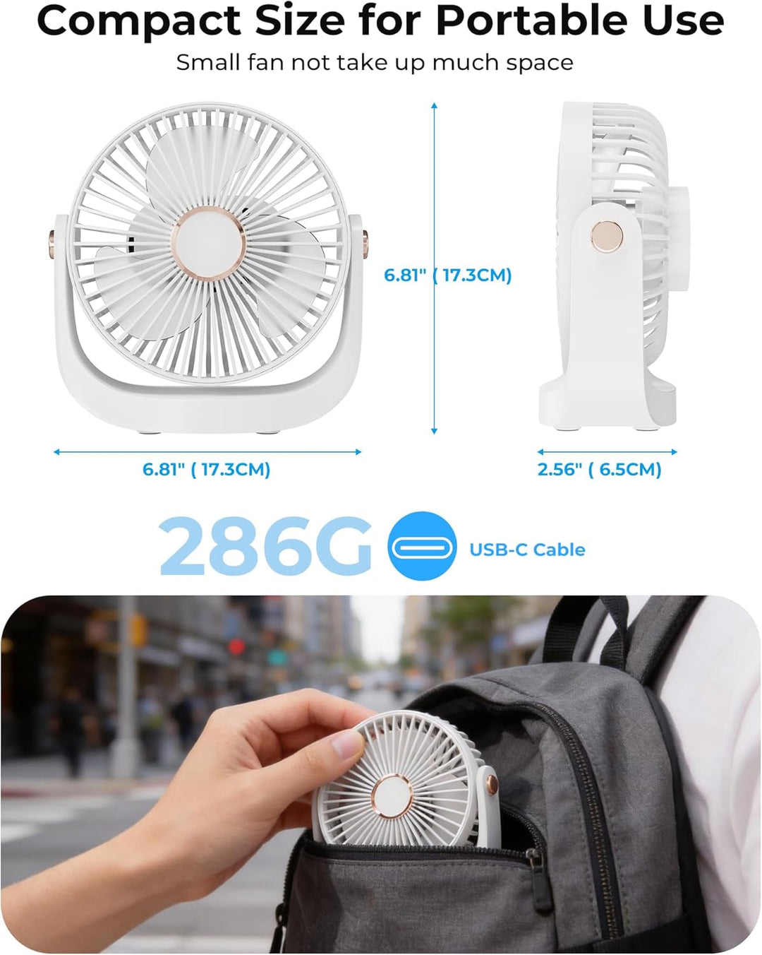 Ventilator Leise - Tischventilator mit Nachtlicht，3000mAh USB Wiederaufladbarer Kleiner Ventilator,