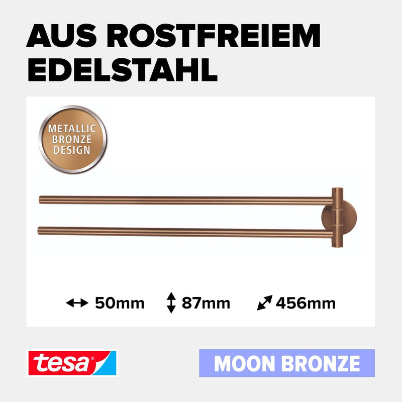 tesa Moon Bronze Handtuchhalter 2-armig in gebürsteter Bronze - Selbstklebende Handtuchstange aus PV