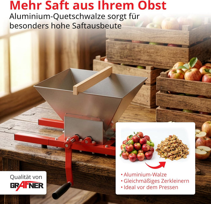 Grafner Obstmühle 7 Liter, Massive Ausführung mit Handkurbel, Apfelpresse Beerenmühle Traubenmühle S