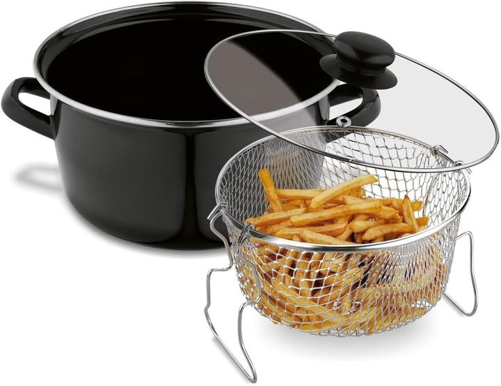 Fritteusenpfanne mit Korb Emaille schwarz, Pommespfanne Fritteuse Glasdeckel, kleine Fritteuse mit S