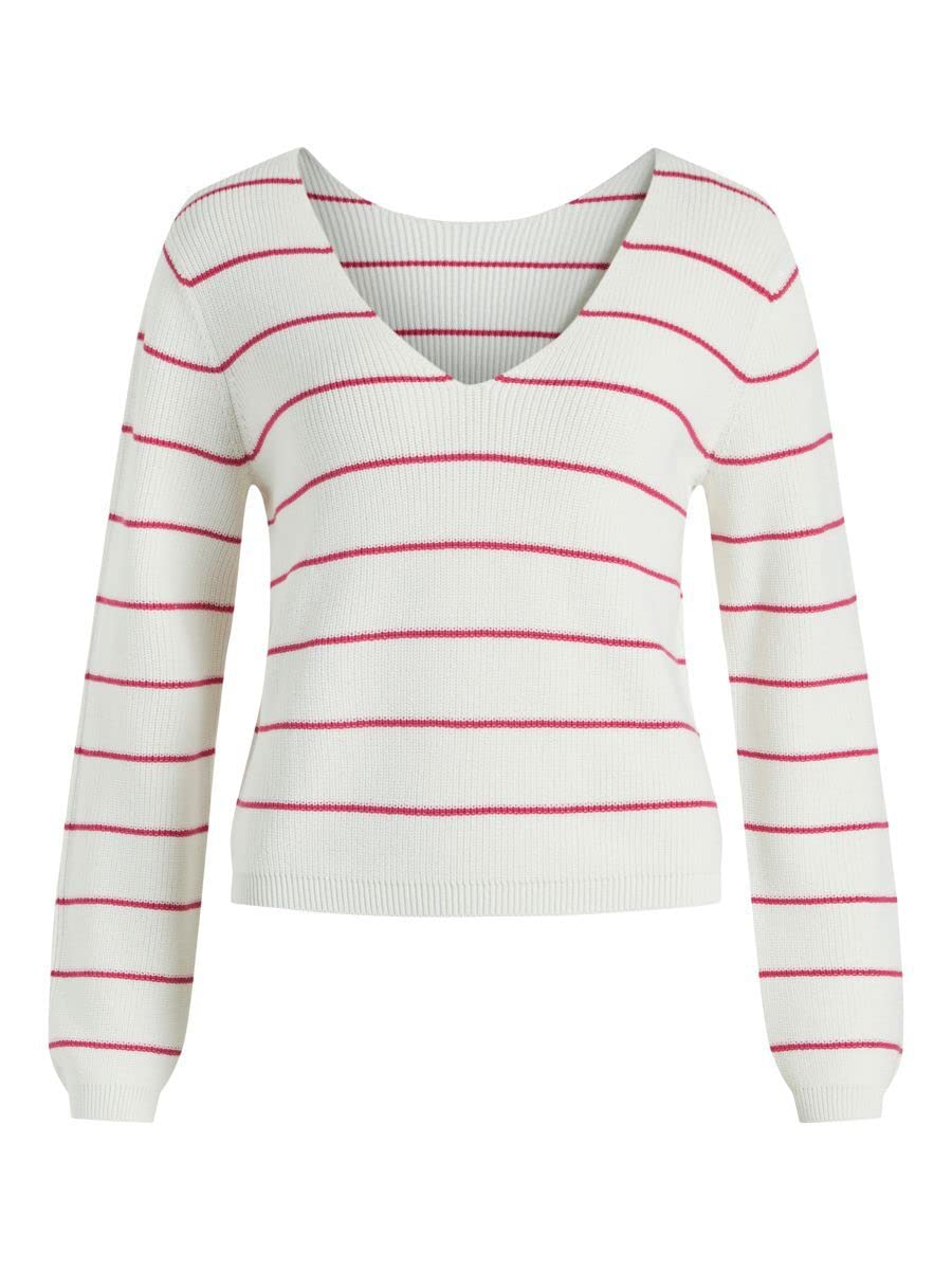 Vila Damen Vichao V-Neck L/S Knit Top/Su-Noos Strickpullover XL White Alyssum/Stripes:pink Yarrow, X