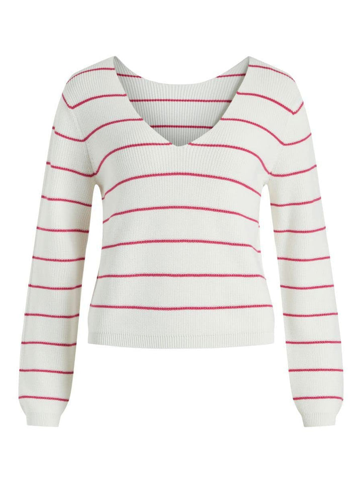 Vila Damen Vichao V-Neck L/S Knit Top/Su-Noos Strickpullover XL White Alyssum/Stripes:pink Yarrow, X