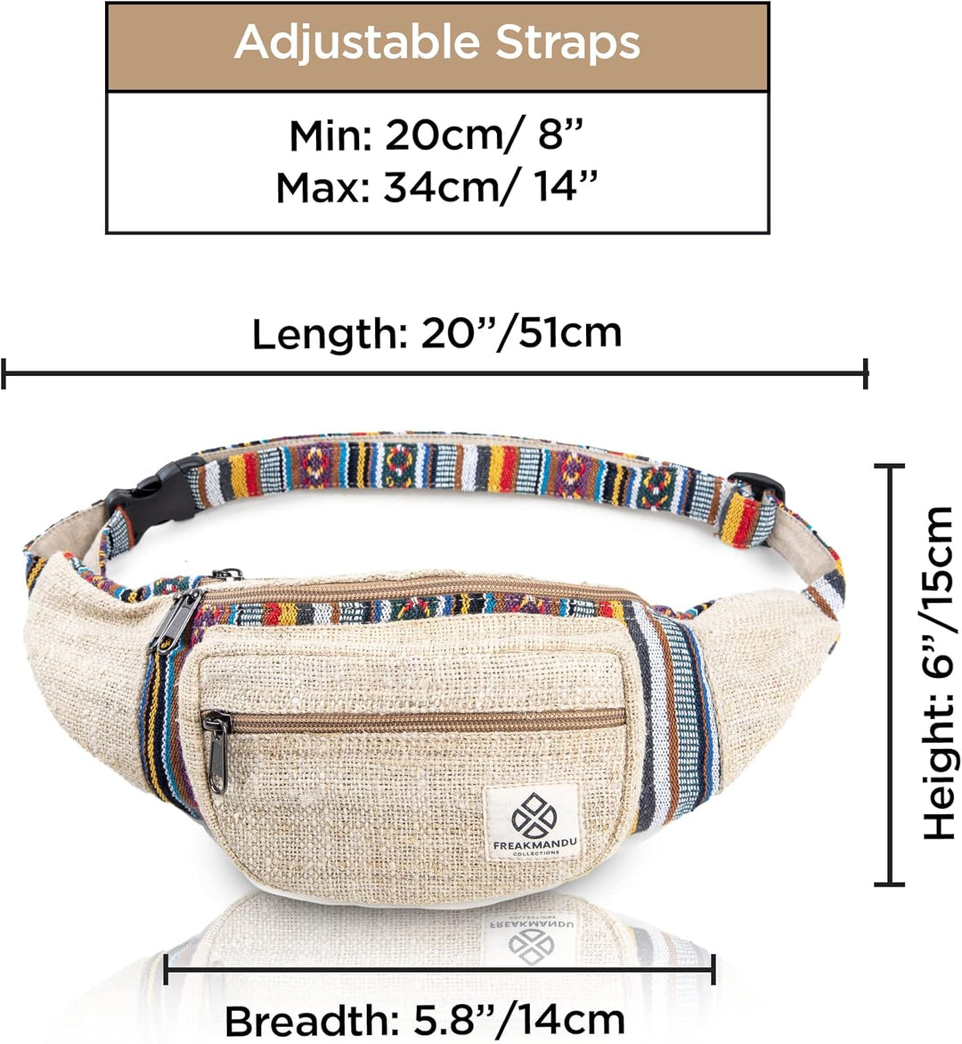 Freakmandu Unisex Hanf Gürteltasche – Fanny Packs, Hüftgürteltasche zum Umhängen, Boho Hippie Stil,
