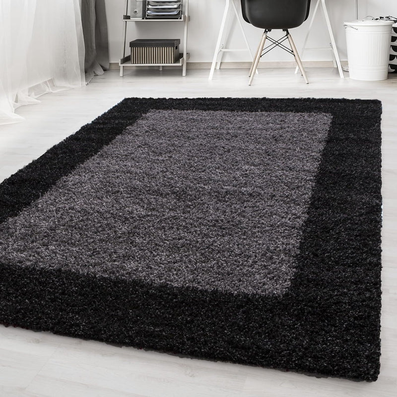 HomebyHome Teppich Wohnzinmer Shaggy Hochflor Anthrazit Läufer 80x250 cm Bordüre Läufer Flur - Flaus