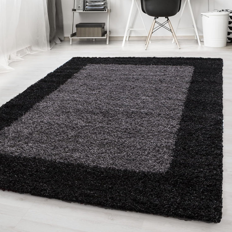 HomebyHome Teppich Wohnzinmer Shaggy Hochflor Anthrazit Rechteckig 300x400 cm Bordüre Design - Flaus