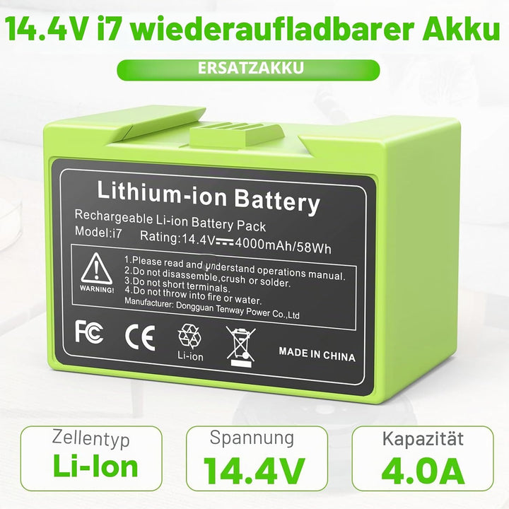 4000mAh Li-ion Akku für i7, ASUNCELL 14.4V Ersatzakku für iRobot Roomba e und i Serie i7 / i7+ i4/i4