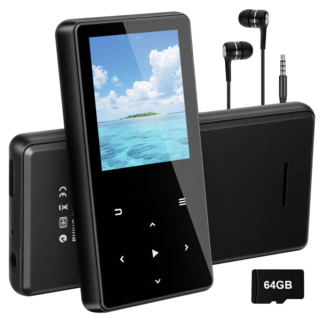 MP3 Player 64GB mit Bluetooth, Mini Digitaler Musik Player mit Lautsprecher, FM Radio, HiFi Audio, M