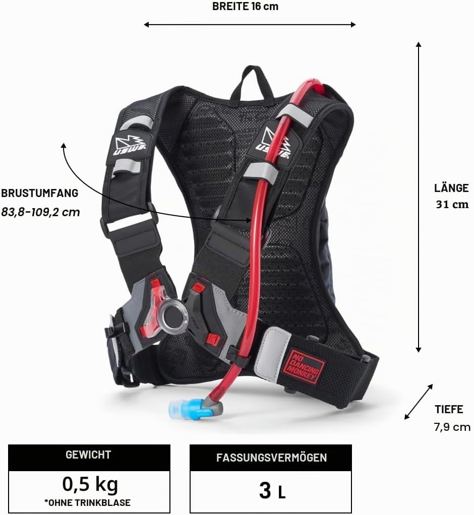 USWE Raw 3L Trinkrucksack mit 2,0 l Wasserblase, ein High End, Bounce Free Rucksack für Enduro und O