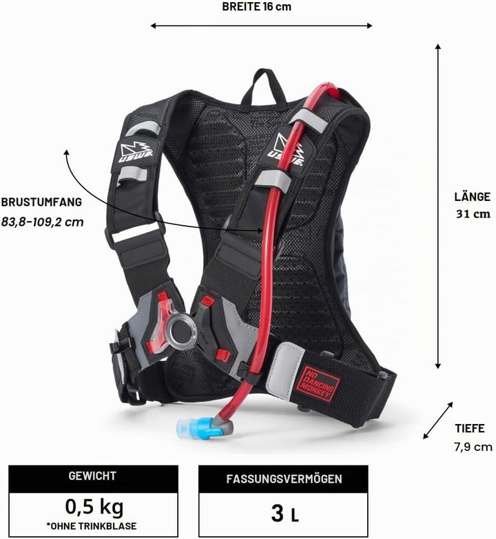 USWE Raw 3L Trinkrucksack mit 2,0 l Wasserblase, ein High End, Bounce Free Rucksack für Enduro und O