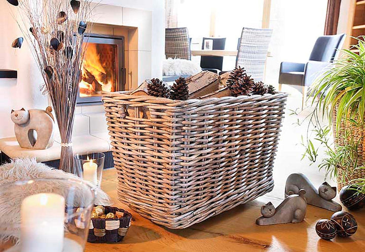 Kobolo Holzkorb für Kaminholz Kaminholzwagen mit Rollen aus Rattan Innenfutter aus Jute
