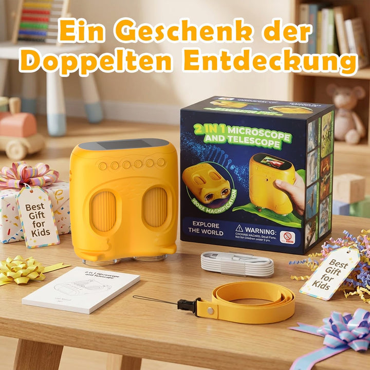 2 in 1 Digitales Kindermikroskop und Fernglas Kinder, 2,0" IPS HD Taschenmikroskop, 10x Vergrösserun